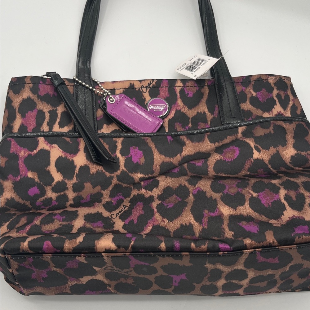 Coach Leopard Print Tote - Black, Purple, and Brown With Dust Bag